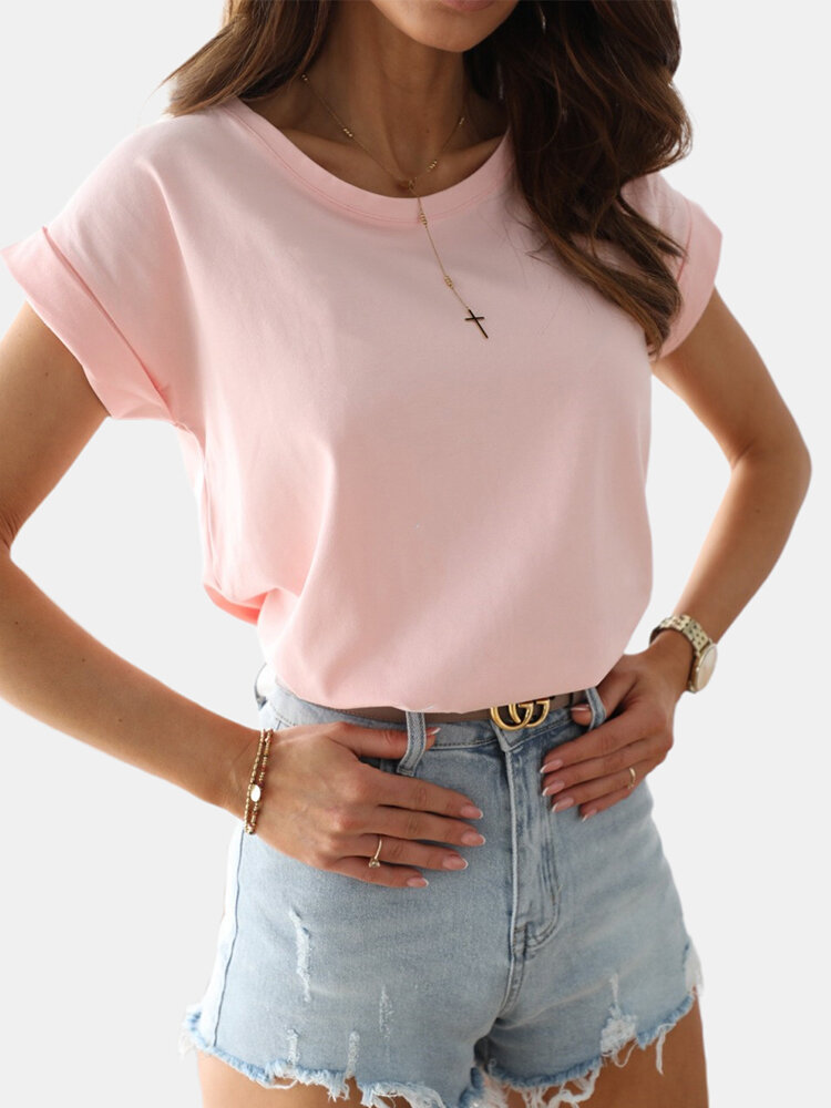 Solid Color Short Sleeve O-neck T-shirt For Women