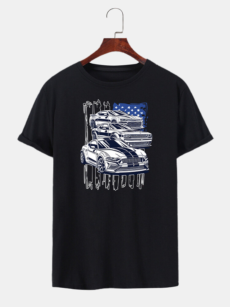 Men Car Print Round Neck Hem Cuff Short Sleeve Casual T-Shirt