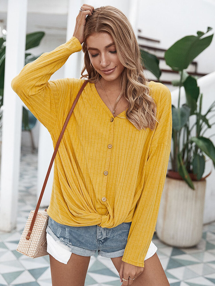Solid Color Long Sleeves V-neck Casual Blouse For Women