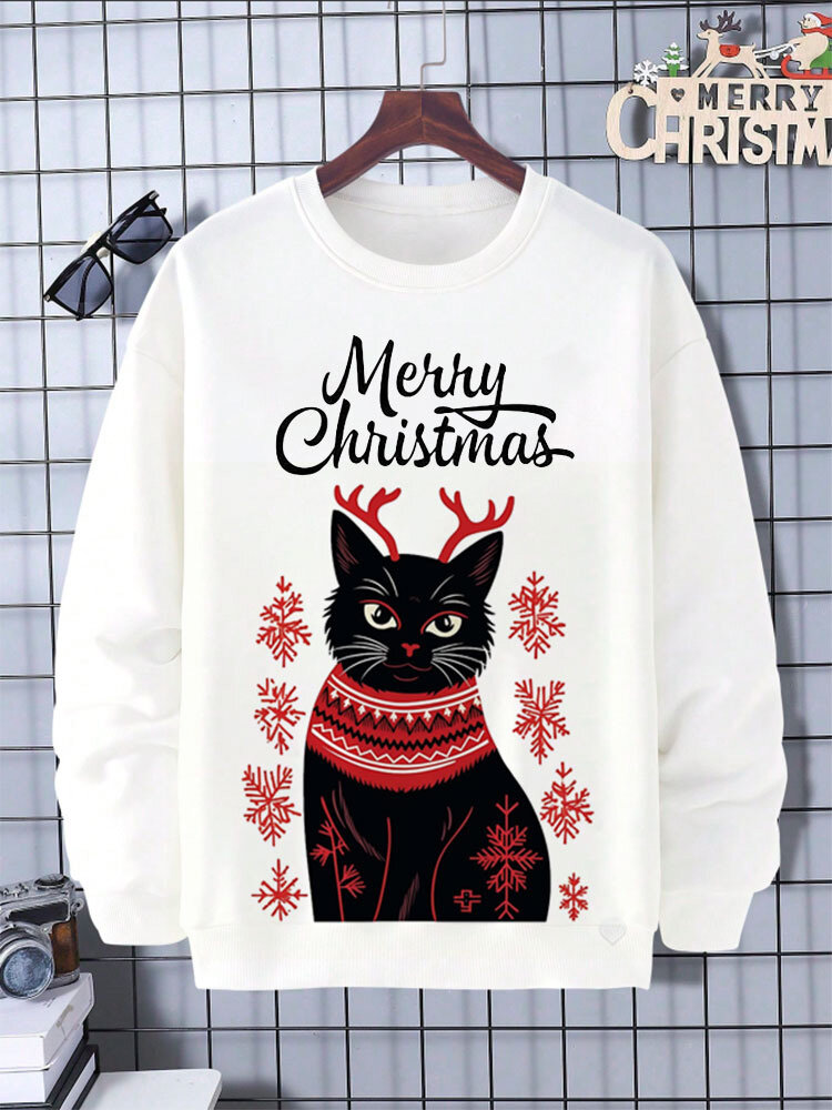 Mens Christmas Cat Snowflake Print Crew Neck Pullover Sweatshirts Winter