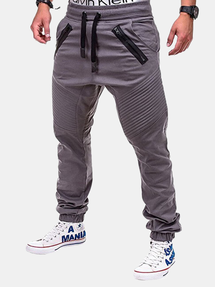 Casual Sport Pants Elastic Waist Drawstring Zipper Pockets Sportwear for Men