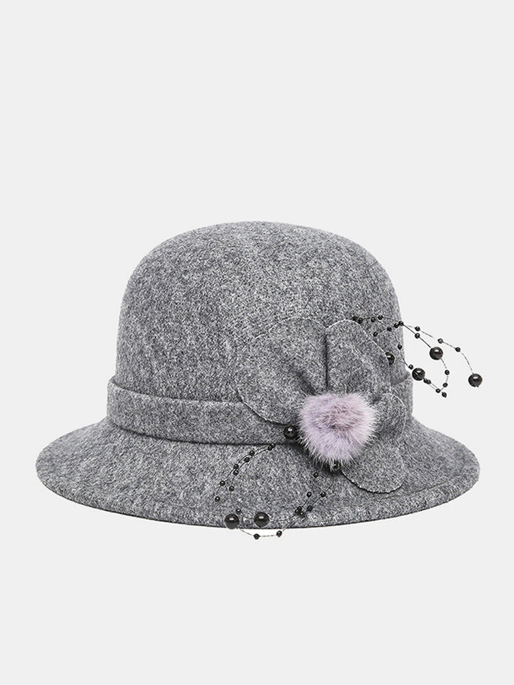 Women Wool Solid Color Flower Beading Decoration Dome Casual Warmth Bucket Hat