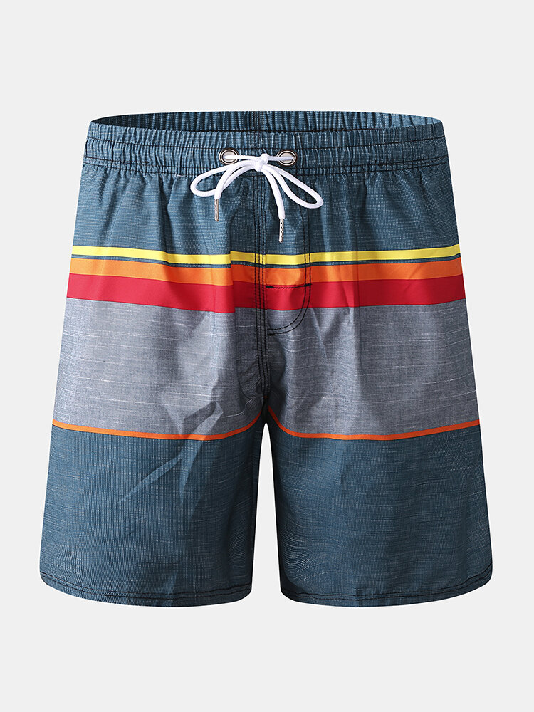 Men Solid Color Stripe Board Shorts Soft Mesh Liner Quick Drying Pocket Swim Shorts