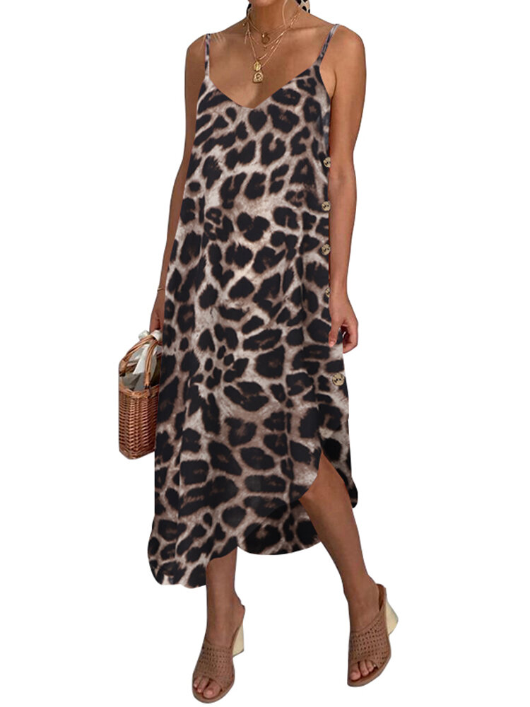 

Sexy Leopard Print Strap Sleeveless V-Neck Button Asymmetrical Dress, Dark grey;khaki