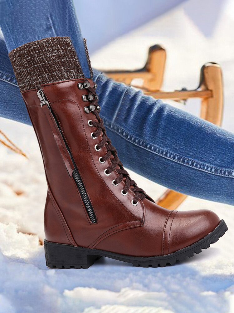 Women Vintage Wool Knitting Detailed Lace Up Zipper Mid-calf Boots
