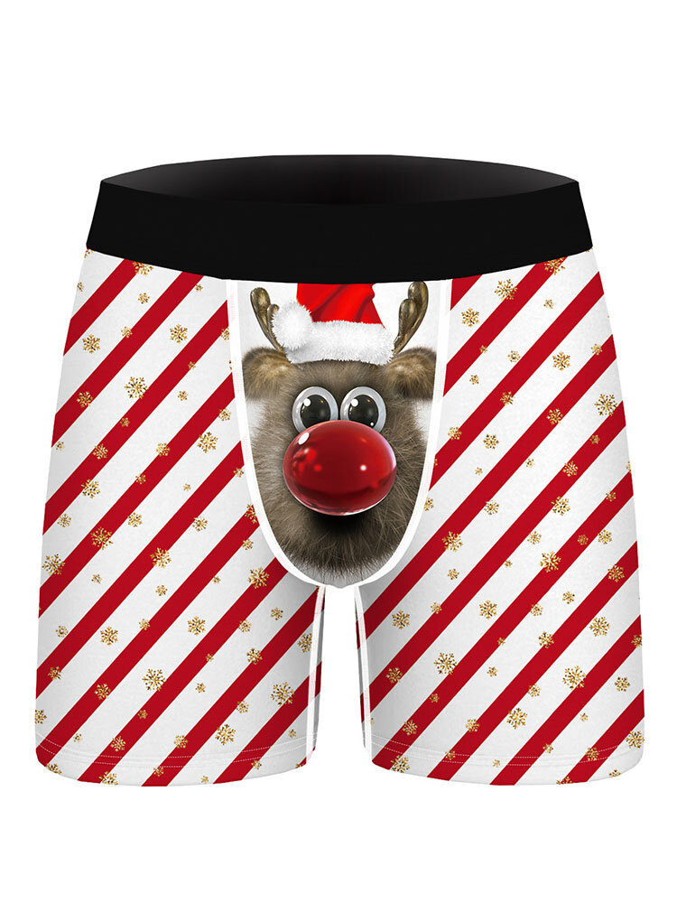 Cute Christmas Cat Dog Elk Printing Striped Seamless Patchwork U Pouch Boxer Briefs