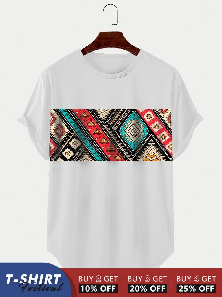 Mens Ethnic Geometric Print Curved Hem Short Sleeve T-Shirts Winter