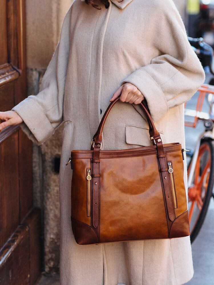 Women Vintage Wax Pattern Large Capacity Faux Leather Handbag Crossbody Bag Tote
