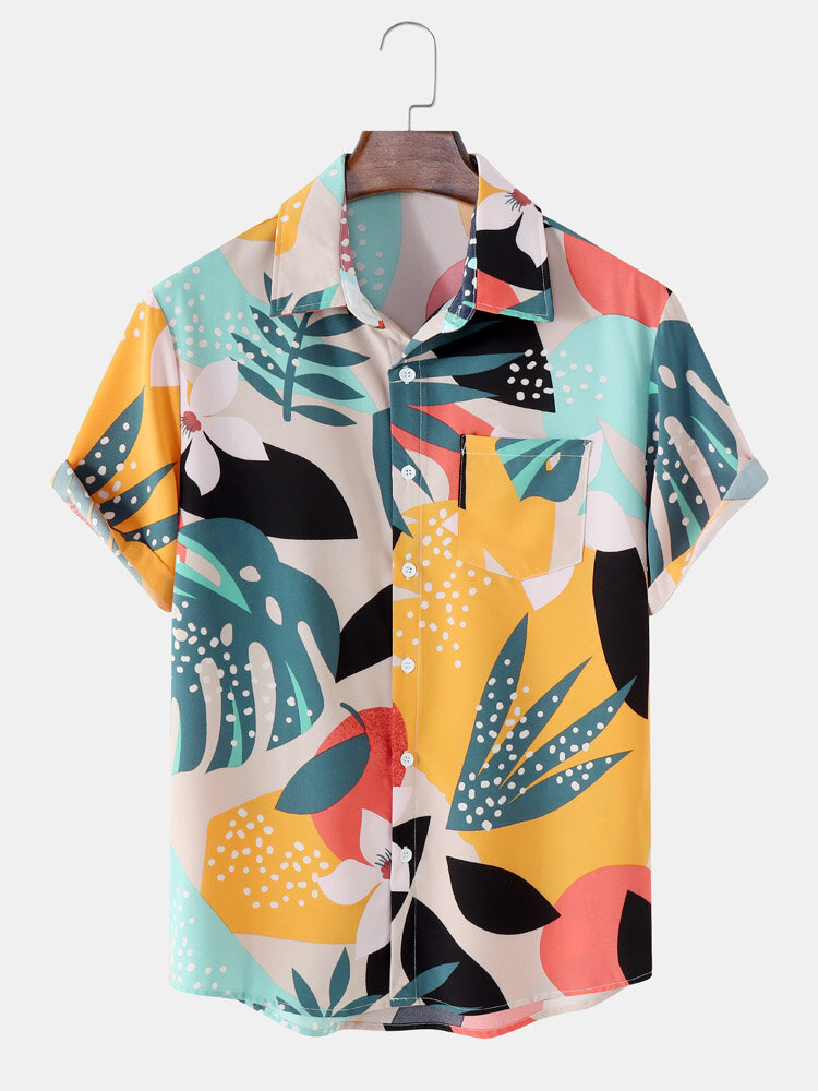 Mens Tropical Leaf Color Block Print Vacation Short Sleeve Shirts