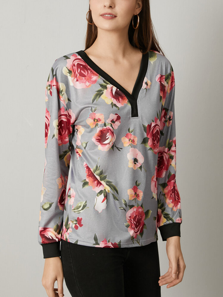 Flower Print Long Sleeve V-neck Sttich Casual T-shirt Women
