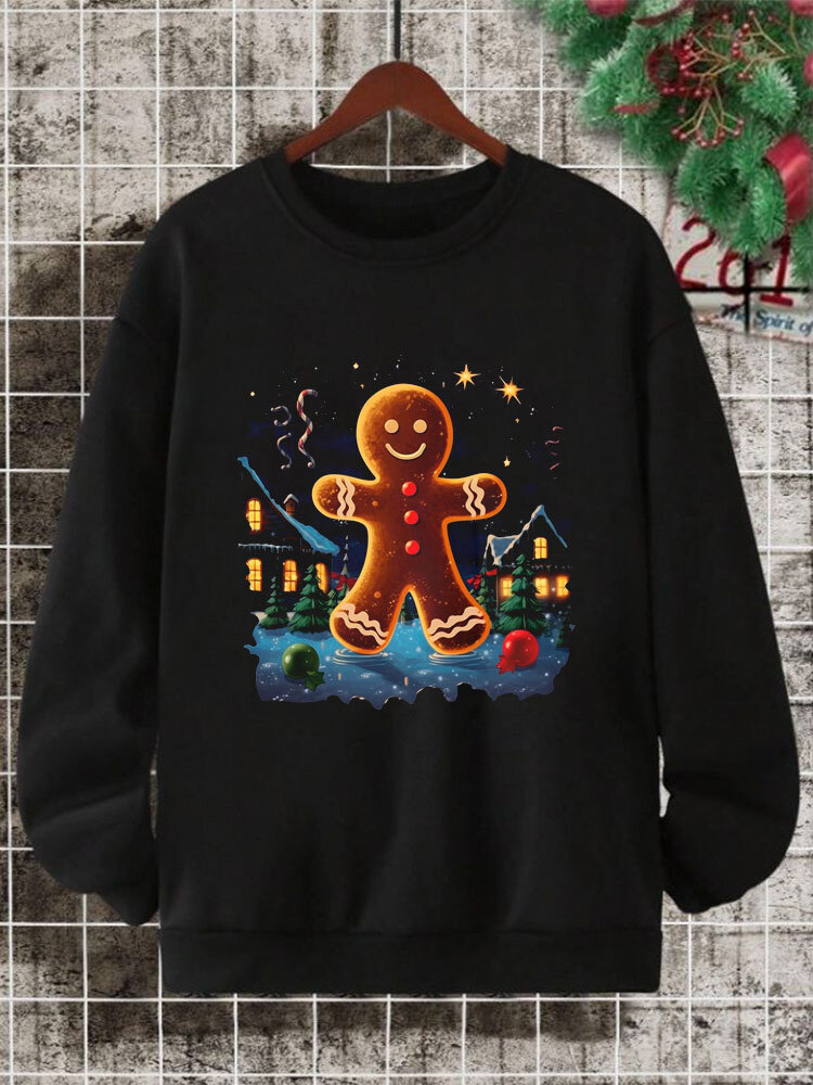 

Mens Christmas Gingerbread Man Print Crew Neck Pullover Sweatshirts, Black
