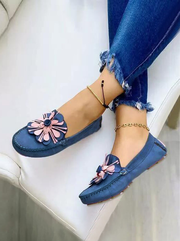 Women Flowers Decor Hand Stitching Loafers Comfy Wearable Slip On Casual Flat Shoes