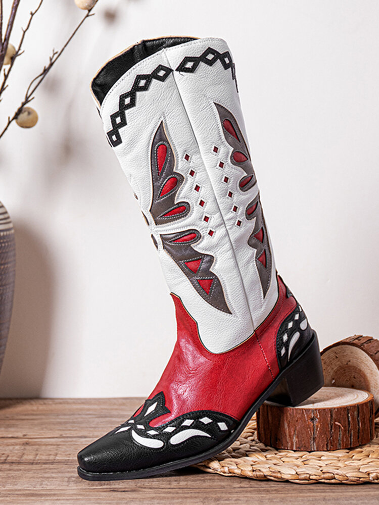 Large Size Women Almond-toe Low Heel Fashionable Ethnic Cowboy Boots