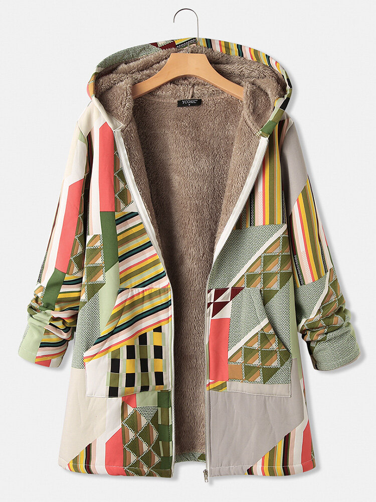 Пальто с капюшоном на молнии и длинными рукавами с геометрическим принтом и карманом