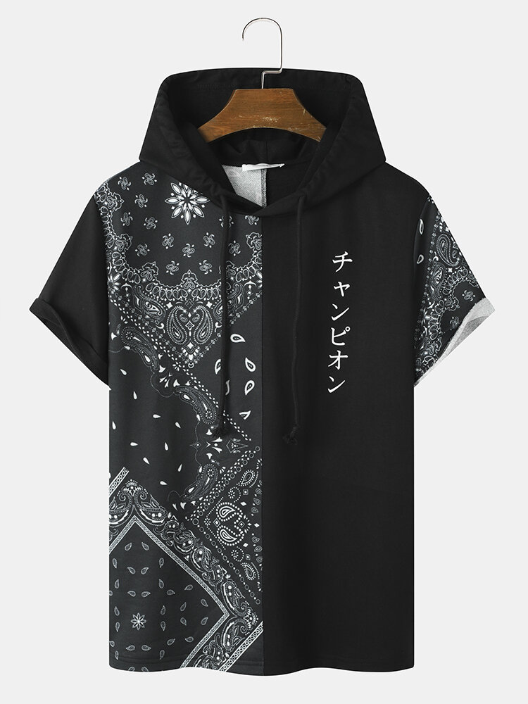 Mens Paisley Japanese Print Patchwork Short Sleeve Hooded T-Shirts