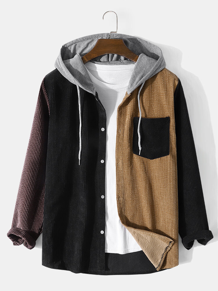 Mens Corduroy Colorblock Stitching Button Up Casual Drawstring Hooded Shirts