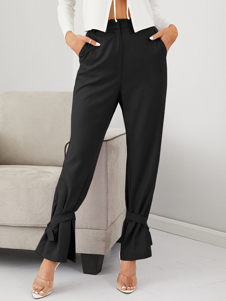 Solid Color Knotted Slit Hem Pocket Casual Pants For Women