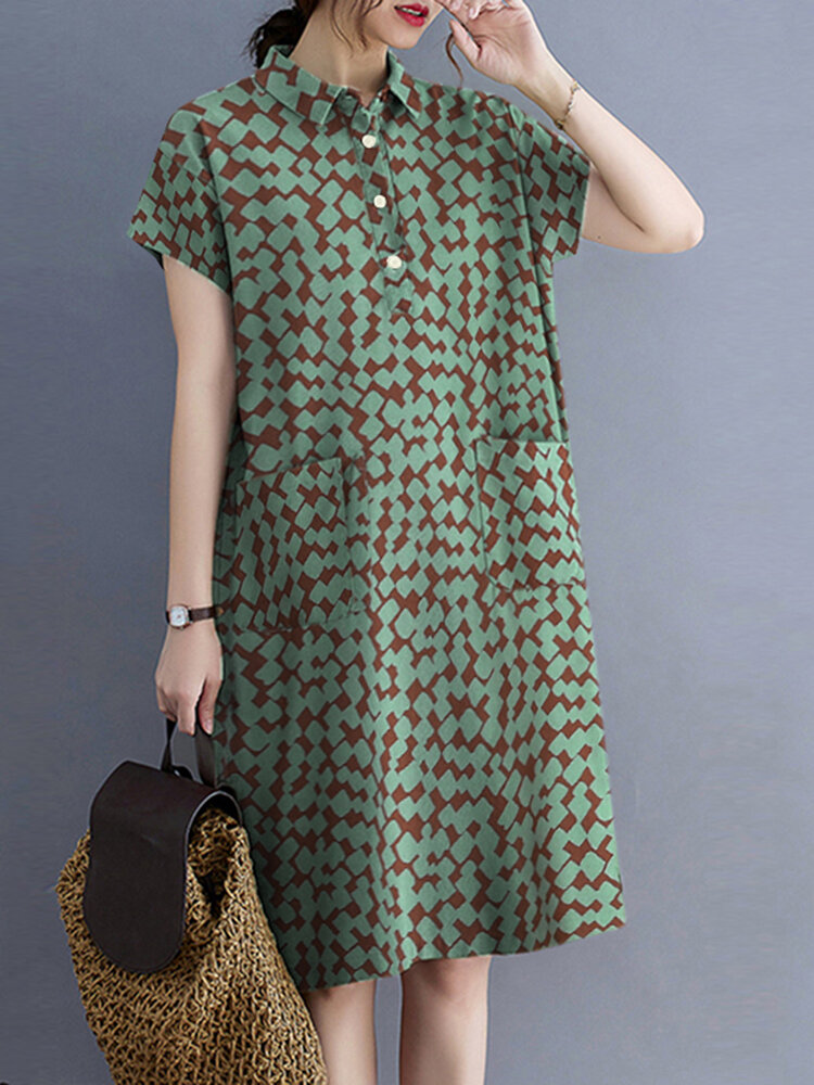 

Allover Geo Print Lapel Dual Pocket Short Sleeve Dress, Black;khaki;green