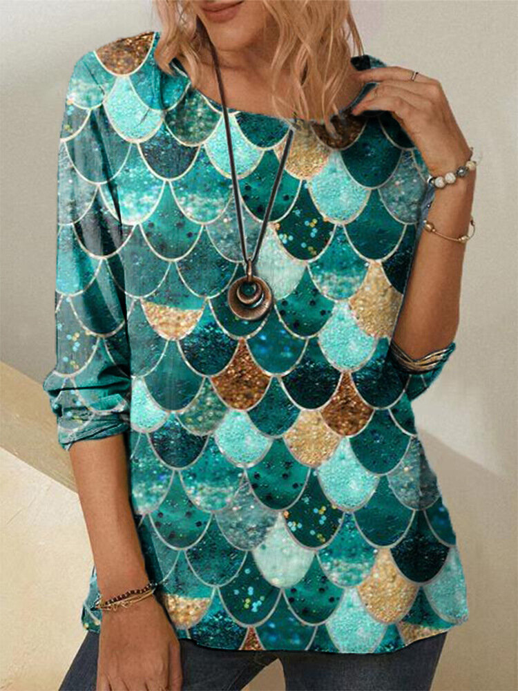 Glitter Print O-neck Long Sleeve Plus Size Casual Blouse