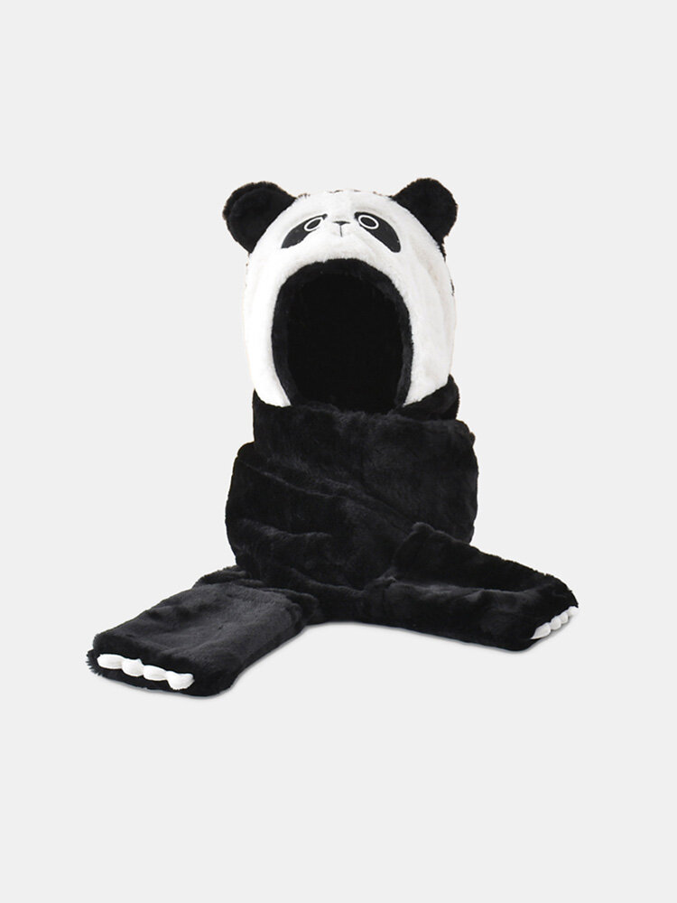 Women Plush Color-match Cartoon Panda Shape Patch Embroidery One-piece Glove Scarf Hat Anti-cold Ear Protection Beanie H