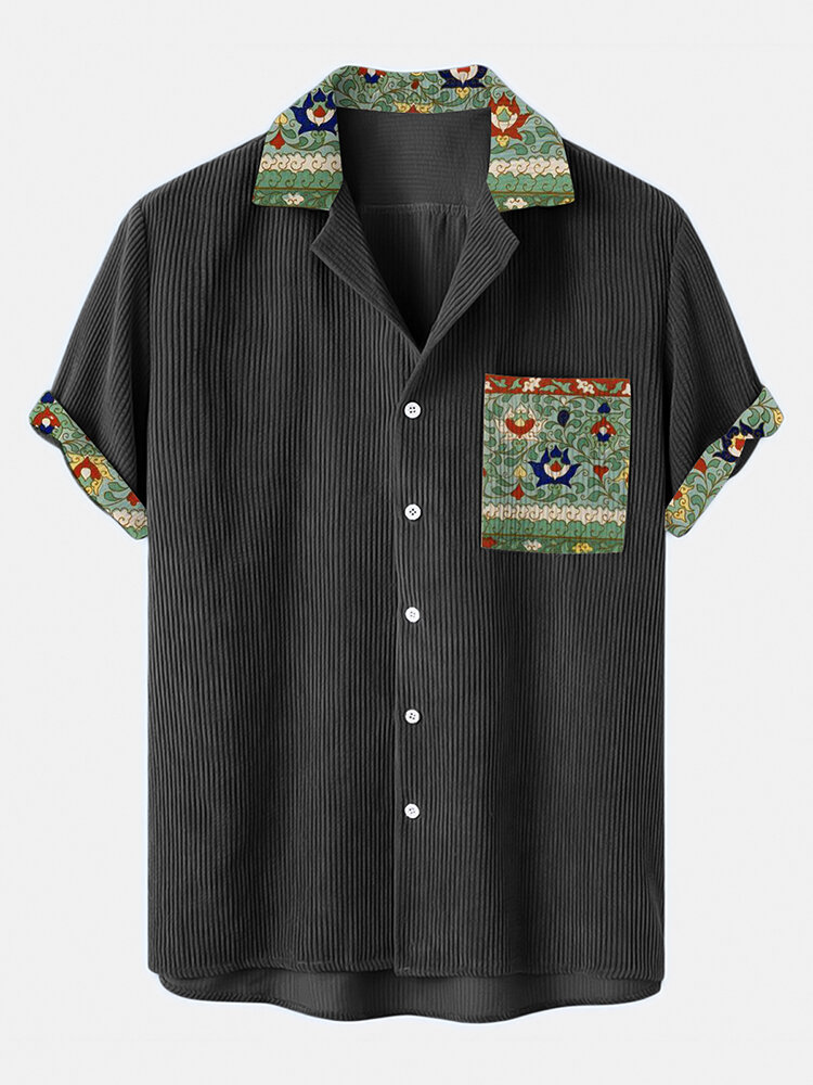 Mens Ethnic Floral Print Revere Collar Corduroy Short Sleeve Shirts