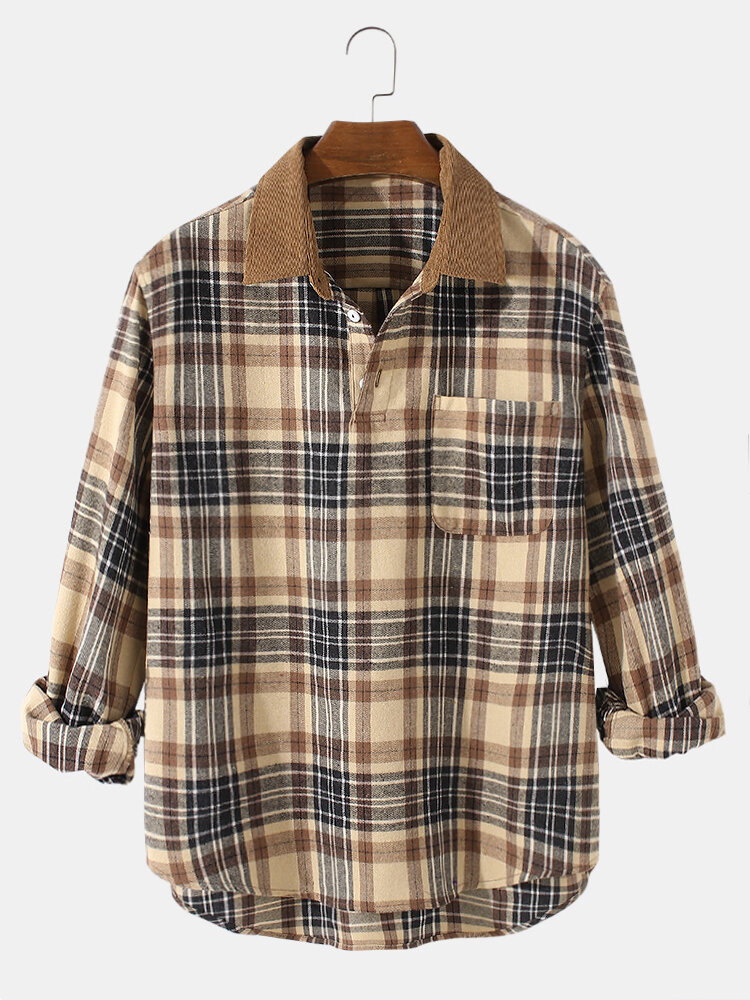 Mens Vintage Plaid Casual Fit Cotton Long Sleeve Henley Shirts With Pocket