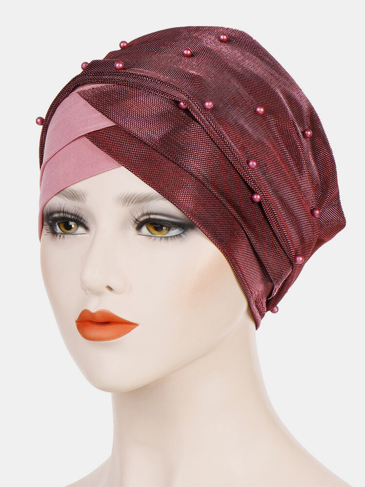 Women Pearl Bright Lace Beanie Hat Colorblock Hat Chemotherapy Cap