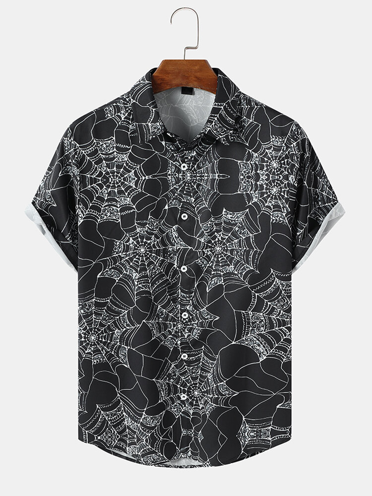 Mens Spider Web Print Buttons Up Short Sleeve Shirts