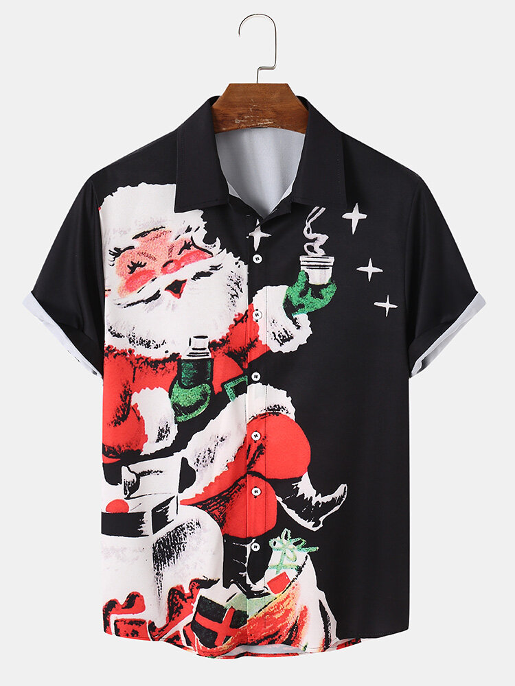Mens Christmas Santa Print Lapel Button Up Holiday Short Sleeve Shirts