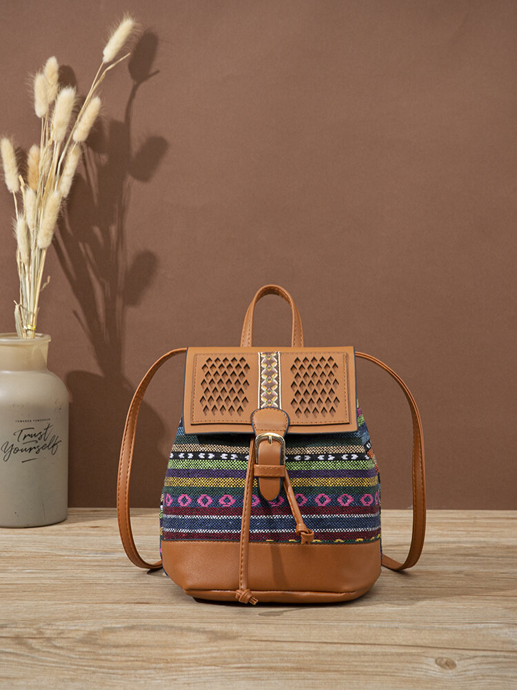 Ethnic style Straw Bag backpack  woven shoulder bag hollow stitching Bucket Bag