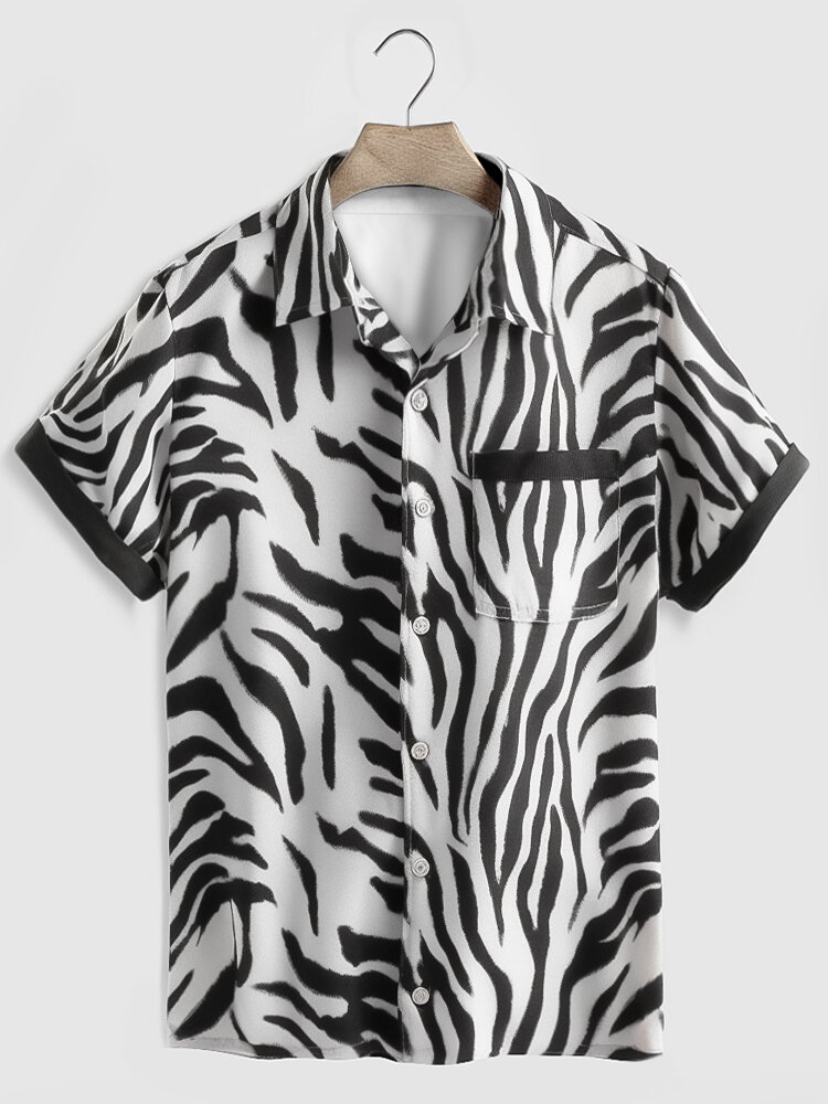 

Mens Zebra Pattern Lapel Chest Pocket Short Sleeve Shirts, Black
