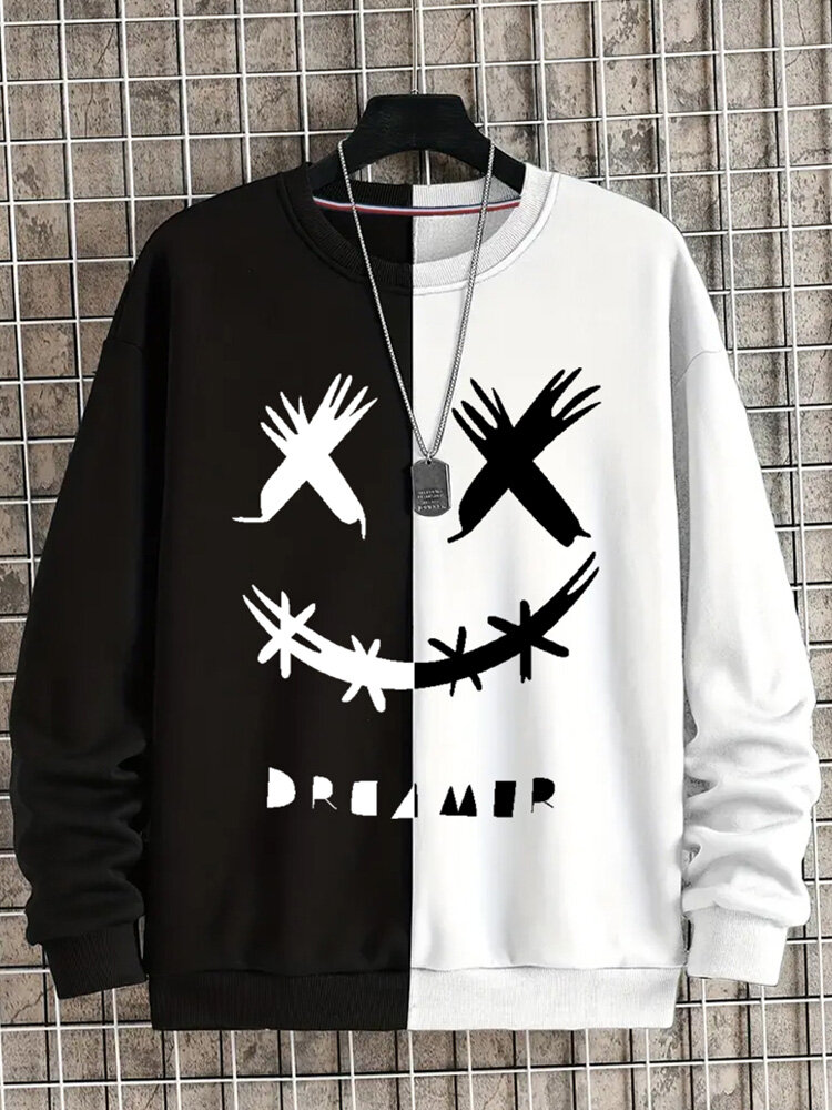 Mens Funny Smile Contrast Patchwork Crew Neck Pullover Sweatshirts Winter
