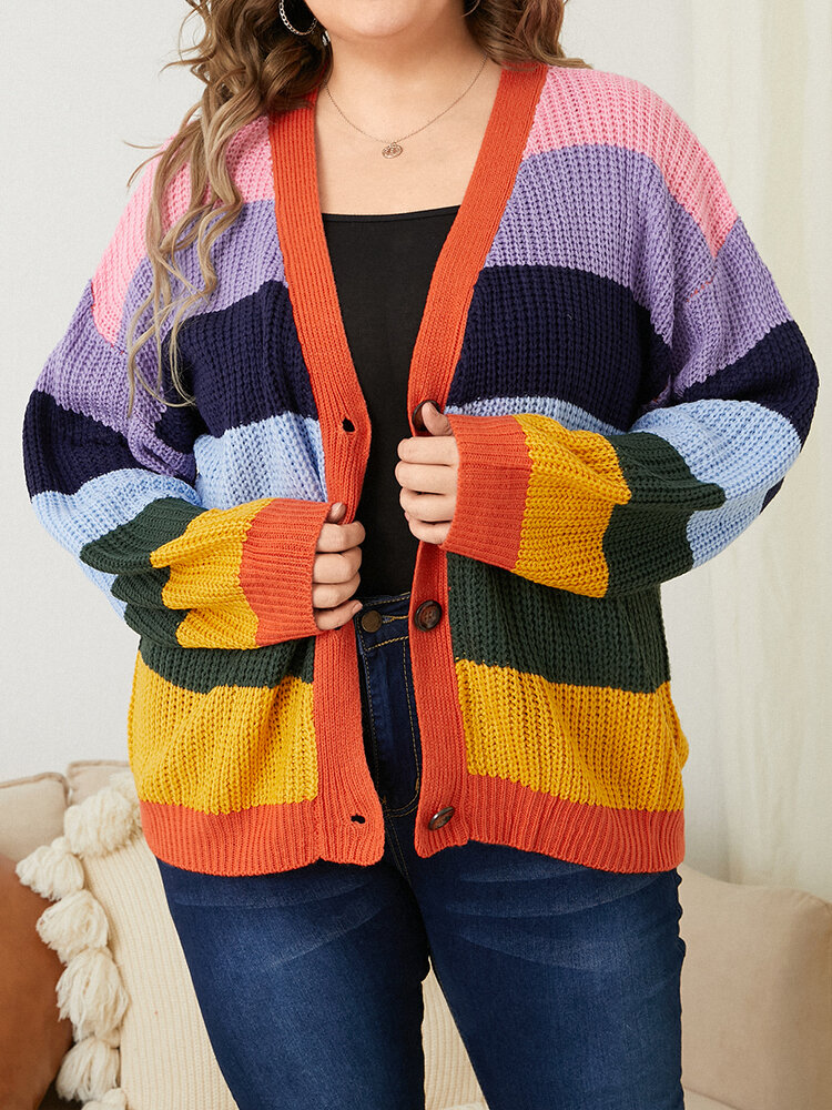 Plus Size Casual Contrast Color Patchwork Knitted Colorblock Cardigan