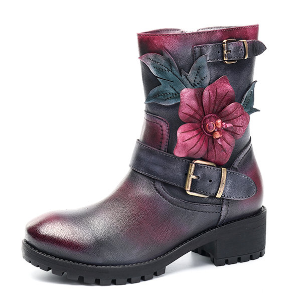 SOCOFY Sooo Comfy Handmade Flower Buckle Ankle Leather Boots