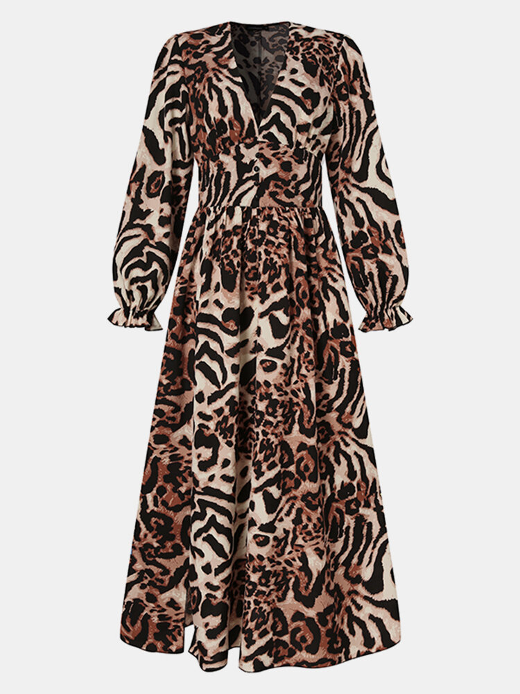 Women Leopard Print Deep V Neck Long Sleeve Sexy Dress