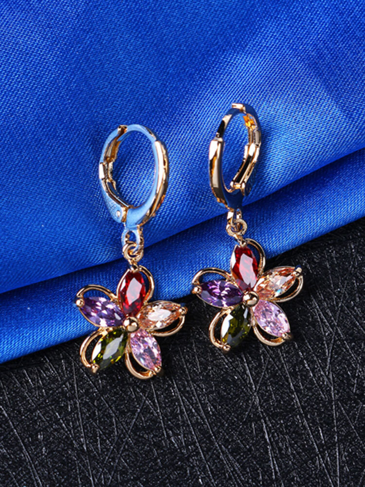 Fashion Zirconia Crystal Flower Earrings Gold Plated Colorful Hoop Earrings for Women