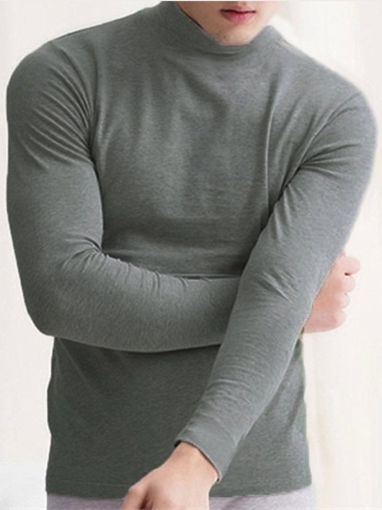 Mens Half Turtleneck Slim Warm Long Sleeve Solid Color T-Shirt