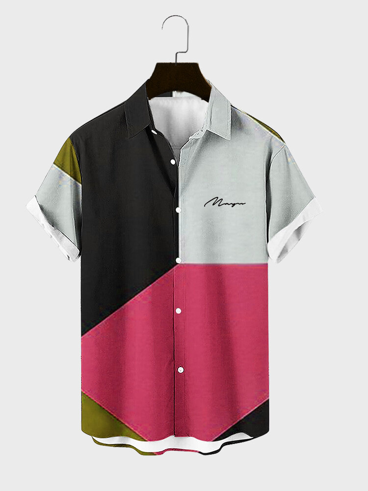 

Mens Color Block Patchwork Lapel Collar Short Sleeve Shirts, Dark pink
