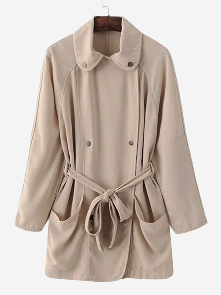 Women Casual Double-breasted Bandage Trench Coat