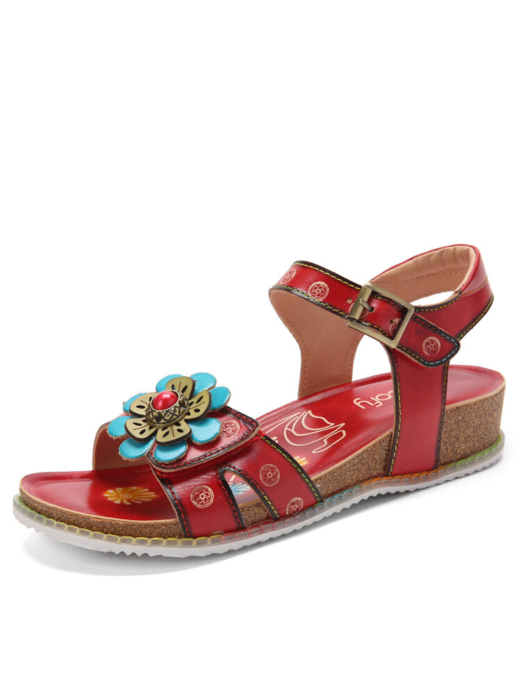 Socofy Genuine Leather Comfy Summer Vacation Bohemian Ethnic Floral Hook & Loop Wedges Sandals