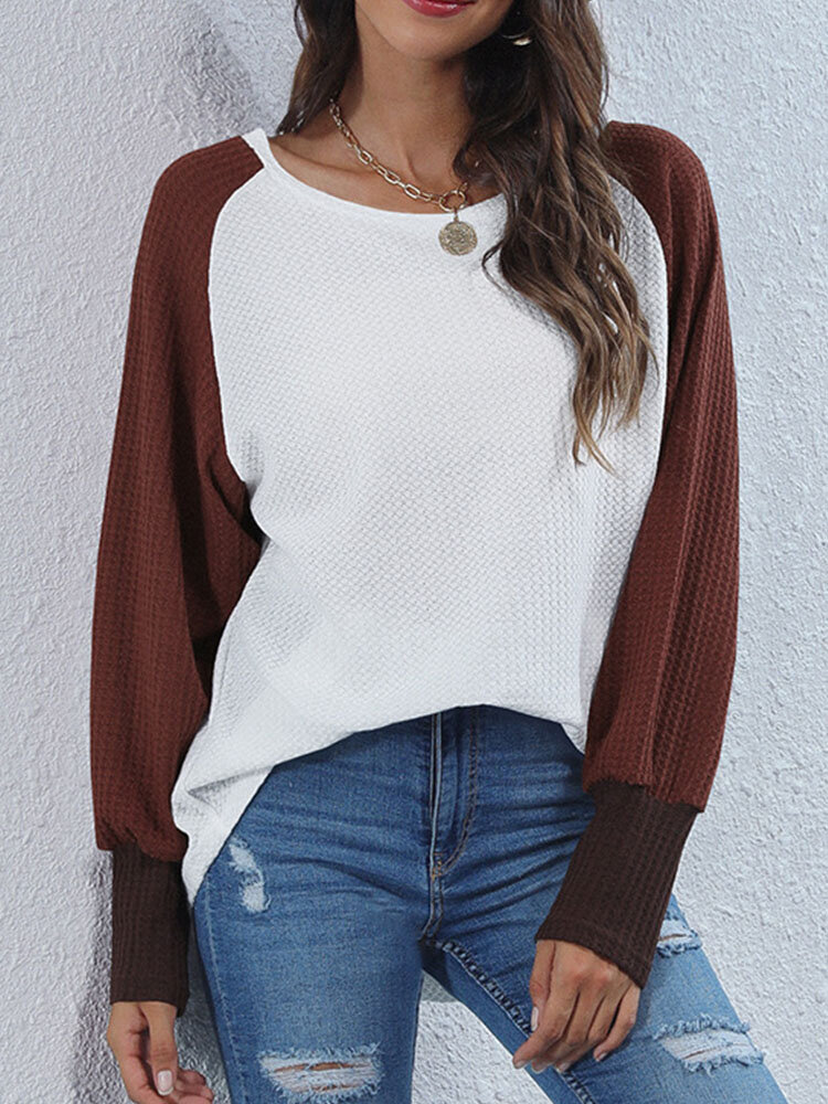 Contrast Color Long Sleeve O-neck T-shirt For Women