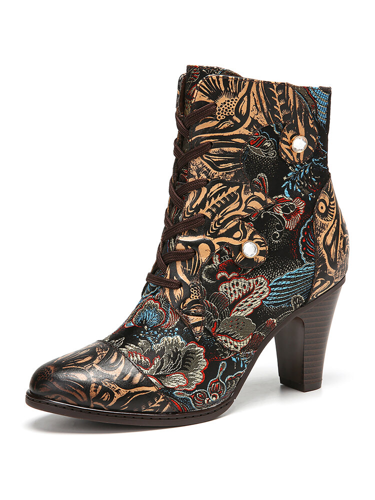 SOCOFY Vintage Floral Printed Cowhide Leather Warm Lined Wearable Side Zipper Short Boots