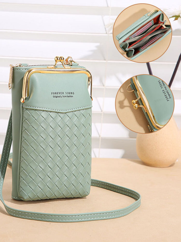 Faux Leather Zipper Buckle Design Crossbody Bag Embossed Woven Wrapper Pattern Multi-Pocket Clutch Bag Card Bag Phone Bag Coin Purse