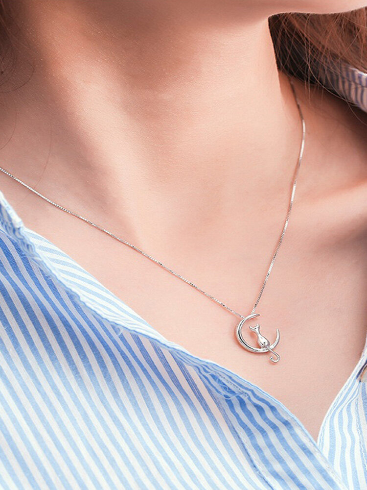 Cute Pendant Necklace Crescent Moon Cat Silver Plated Chain Charm Necklace Ethnic Jewelry for Women