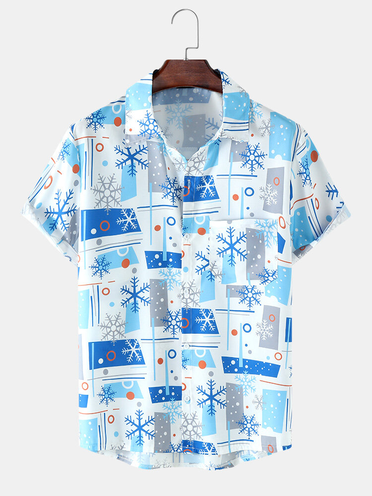 Mens Christmas Snowflake Geo Print Button Up Short Sleeve Shirts