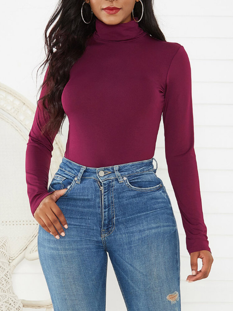 

Solid Color High-collar Base Shirt Long Sleeve Bodycon Jumpsuit, White;yellow;red;wine red;purple;black;apricot;claret;dark blue;army green;royal blue;green