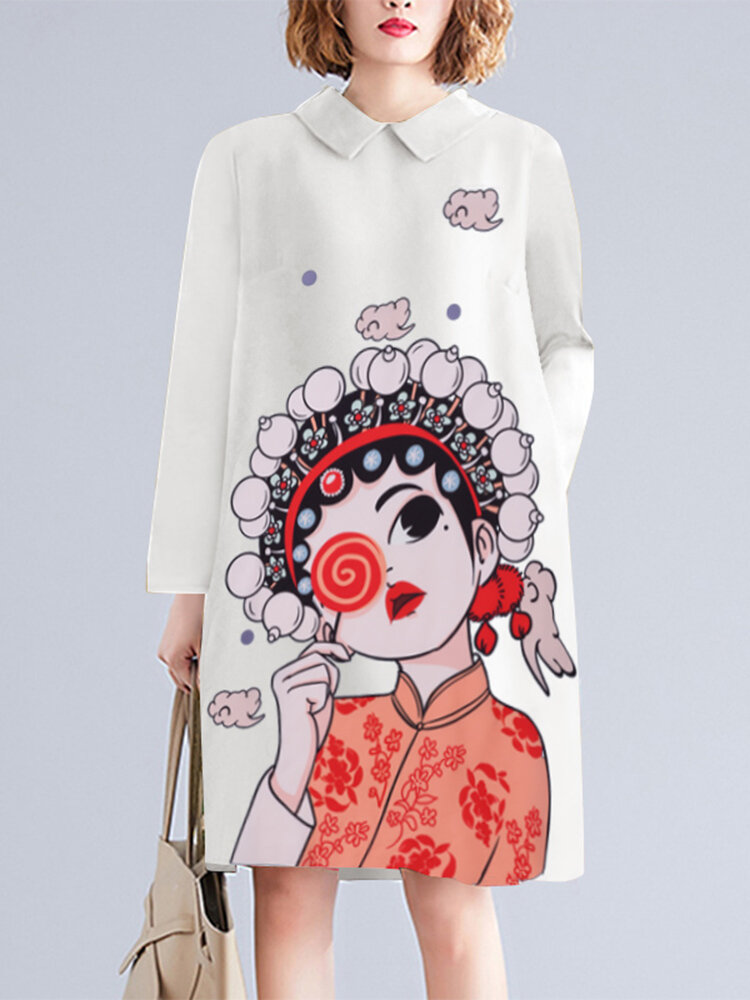 Cartoon Print Doll Collar Pocket Long Sleeve Dress For Women