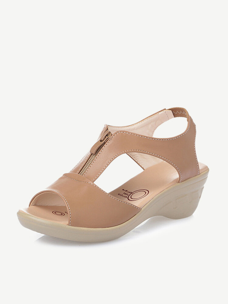 Large Size Front Zipper Peep Toe Casual Wedges Sandals