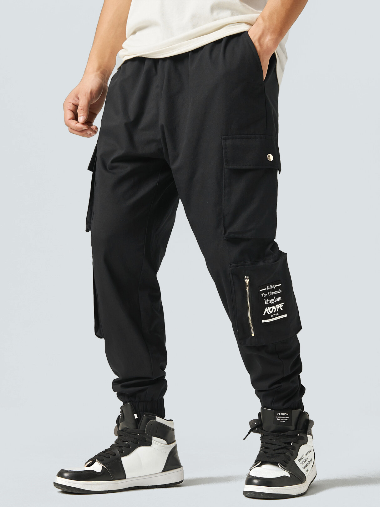 Mens Solid Color Multi Pocket Street Cuffed Cargo Pants