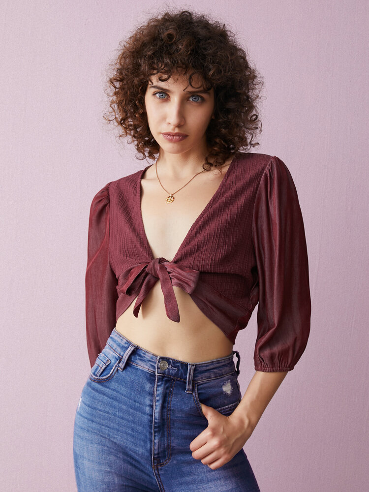 

Solid Front Tie Deep V-neck Long Sleeve Causal Crop Top, Wine red